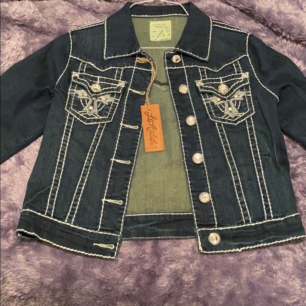 Dark Denim Jacket Cross Stitch Pocket
